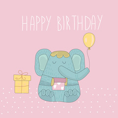 Cute elephant with gifts and balloons. Cartoon character