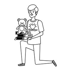 man volunteer with books and bear teddy