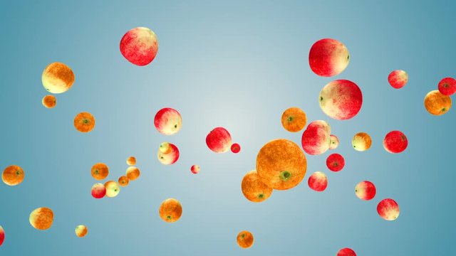 Apples flying in slow motion against blue gradient