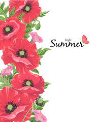 Summer, wildflowers, red poppy vector flowers. Bright summer-painting on white for floral and wedding decoration, pattern, seasonal sales, design, invitations, banners, posters, postcards, templates.
