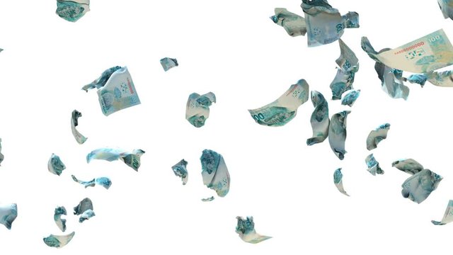 Brazil Reais currency flying in slow motion, against white