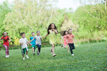Fototapeta premium A group of happy children of boys and girls run in the Park on the grass on a Sunny summer day . The concept of ethnic friendship, peace, kindness, childhood.