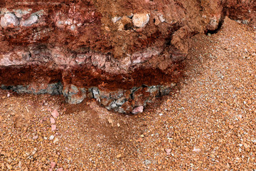  texture of different layers of clay underground in  clay quarry after geological study of soil.