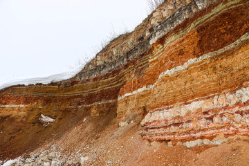  texture of different layers of clay underground in  clay quarry after geological study of soil.