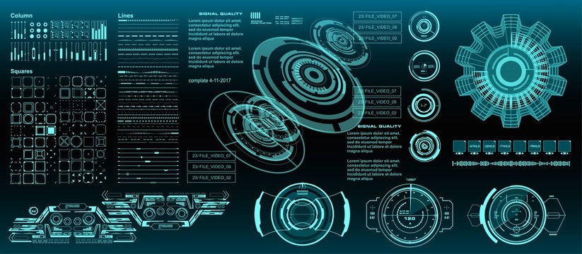 HUD elements mega set pack. Dashboard display virtual reality technology screen. Futuristic user interface.