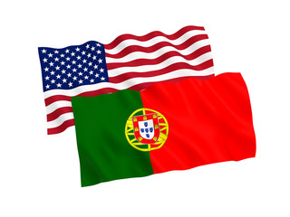 National fabric flags of Portugal and America isolated on white background. 3d rendering illustration. 1 to 2 proportion.