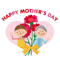 母の日　ポップなママとそのママとハートのカーネーション