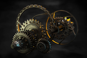 Brutal steel gears of different shapes and diameters.