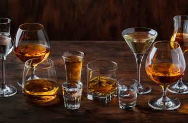 Strong Spirits Set. Hard alcoholic drinks in glasses in assortment: vodka, cognac, tequila, brandy and whiskey, grappa, liqueur, vermouth, tincture, rum. 