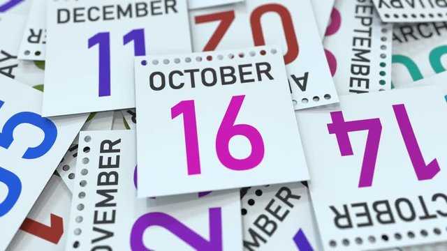Calendar leaf with October 16 date, 3D animation