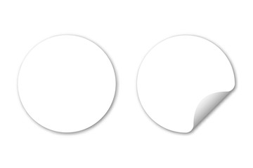 White round adhesive sticker. Paper stickers with curled corner. Realistic round stickers template, tag or label mockup