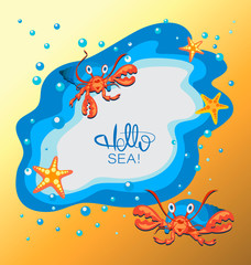 Fototapeta na wymiar Hello sea Sea, stars and hermit crab. Sea poster. Yellow-orange coast background with water drops. Banner design, poster with place for text.