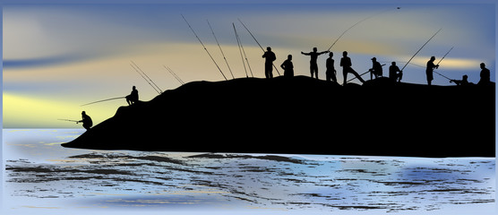 fishermen silhouettes on black hill