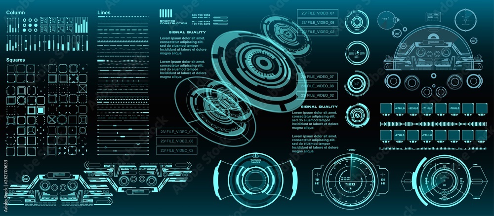 Poster HUD elements mega set pack. Dashboard display virtual reality technology screen. Futuristic user interface.