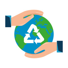 hands protecting earth planet with recycle arrows