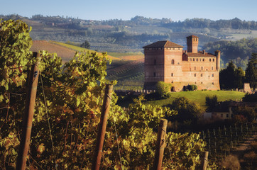 Sunset in autumn, during harvest time, at the castle of Grinzane Cavour, surrounded by the...