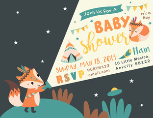 Baby Shower party invitation card with cartoon tribal animal. Vector illustration - Vector
