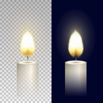 Wax round candle with burning flame light isolated on transparent background. Vector candlelight element design.