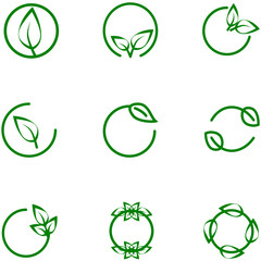 Set  icon green with leaves, thin line, and leaf circle frames labels concept