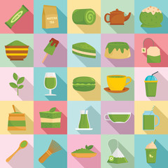 Matcha tea icons set. Flat set of matcha tea vector icons for web design