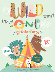Happy birthday party invitation card with cartoon tribal animals. Vector illustration - Vector