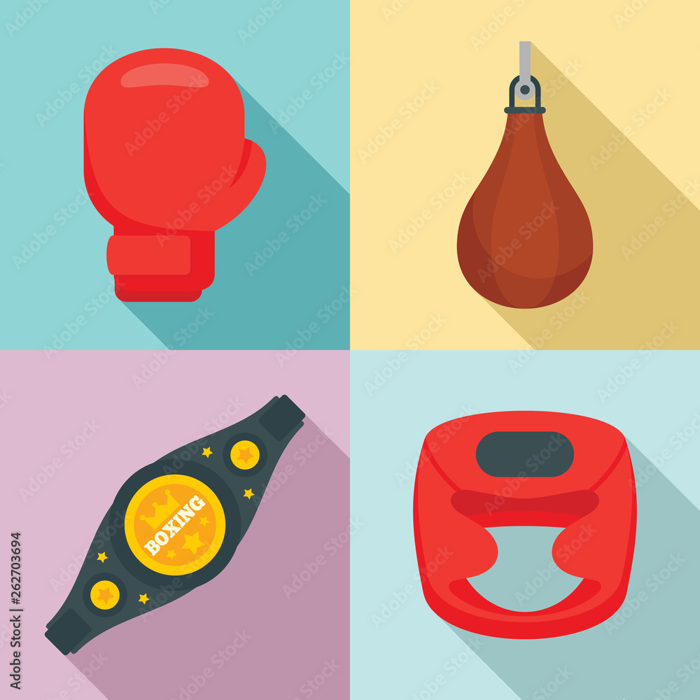 Poster boxing icons set. flat set of boxing vector icons for web design