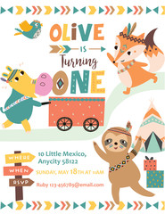 Happy birthday party invitation card with cartoon tribal animals. Vector illustration - Vector