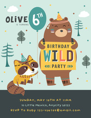 Happy birthday party invitation card with cartoon tribal animals. Vector illustration - Vector