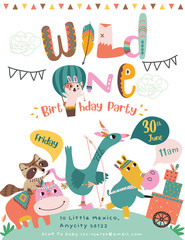 Happy birthday party invitation card with cartoon tribal animals. Vector illustration - Vector
