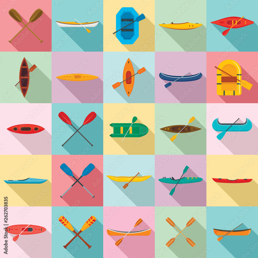 Poster canoeing icons set. flat set of canoeing vector icons for web design