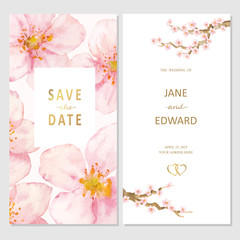 Fototapeta na wymiar Floral vector card, wedding invitation with cherry or sacura watercolor flowers.