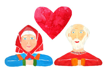 A greeting card with a pair of seniors old people with a heart symbol at the top to celebrate Valentine's Day or an illustration to a dating site for seniors. Watercolor