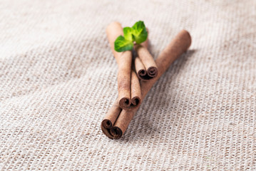 Cinnamon sticks and mint on burlap