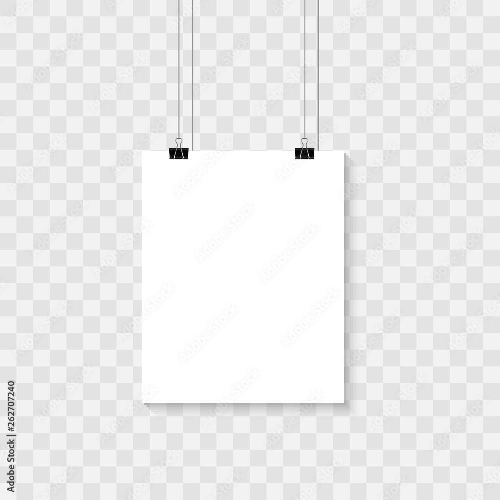 Aufkleber white poster hanging on binder. transparent background with mock up empty paper blank. layout mockup