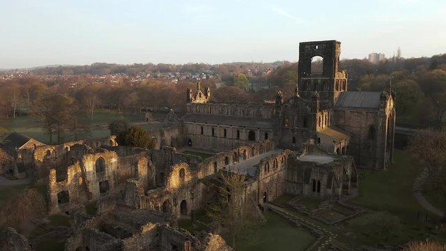 Aerial Downwards Pedestal Shot of Kirkstall Abbey in Yorkshire, England at Dawn