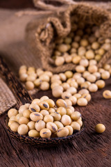 Soybean oil on a wooden background. rustic style