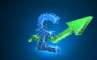 Growth green arrow, British Pound currency sign, digital neon 3d illustration. Polygonal Vector business success, data cash, finance concept. Low poly wireframe, triangle, lines, dots. Blue background