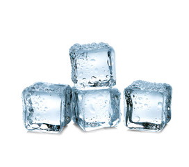 Three ice cubes on white background