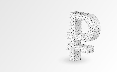 Ruble currency sign, digital origami 3d illustration. Polygonal Vector Russian money symbol. Business, data cash, finance concept. Low poly wireframe, triangle, lines, dots, polygons. White background