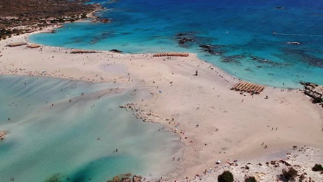 Drone shot of of this fine white sand, pinkish at some spots breathtaking Elafonissi beach