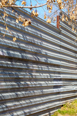 Fragment of an old fence of an abandoned construction site, made of metal sheets. Sunlit fragment...