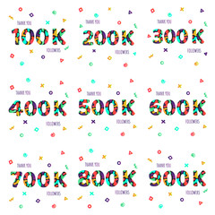 Thank you 100-900k followers numbers postcard set. Congratulating gradient flat style gradient thanks image vector illustration isolated  white background. Template for internet media social network.