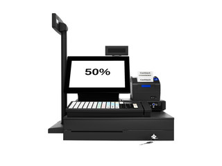 Gray cashier with monitor with cashback function 50 percent when printing check front view 3d render on white background no shadow