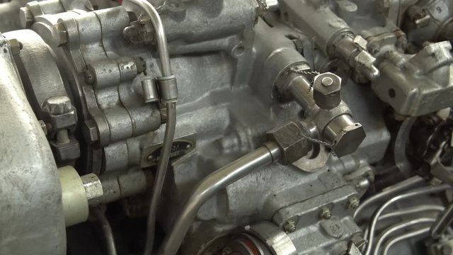 Internal structure elements of turbine aircraft engine. Detailed exposure of a turbo jet motor.