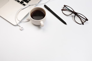Office desk table with supplies. Flat lay Business workplace and objects. Top view. Copy space for text