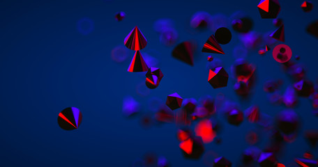 Abstract black background with geometric shapes, depth of field and bokeh. Neon futuristic backdrop. 3D render illustration