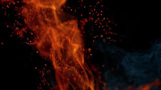 Fire Flames and Sparks in Super Slow Motion Isolated on Back Background at 1000fps.