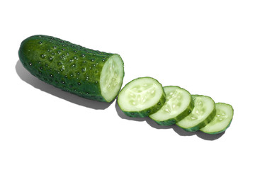 Ripe green cucumber on white background. Healthy eating and dieting concept.
