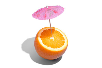 Fresh juicy orange with a cocktail umbrella isolated on white background. Concept of Healthy eating and dieting. Drink concept