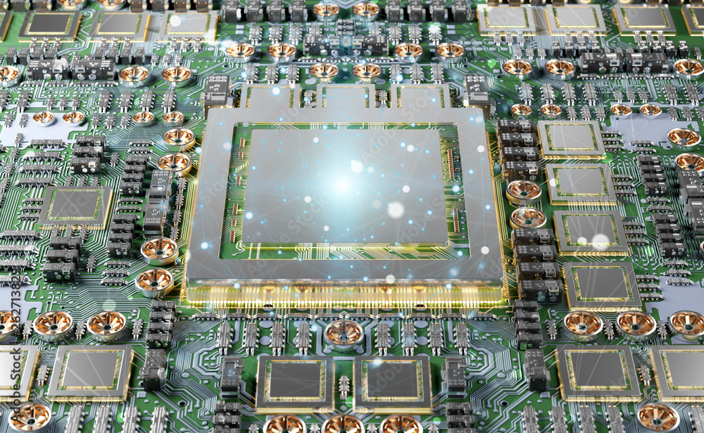 Fototapete close-up view of a modern gpu card with connections 3d rendering